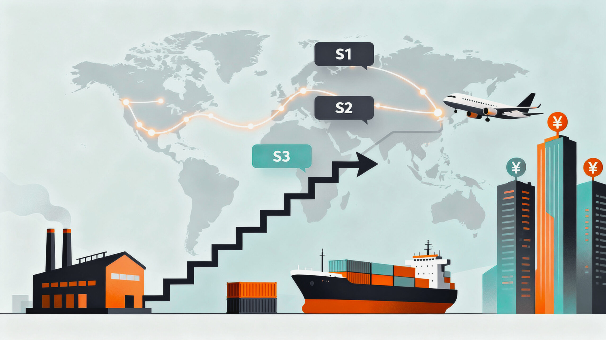 Illustration showing an export corridor from an Indian factory to global buyers, with an upward arrow passing through ships, planes and containers across a world map.