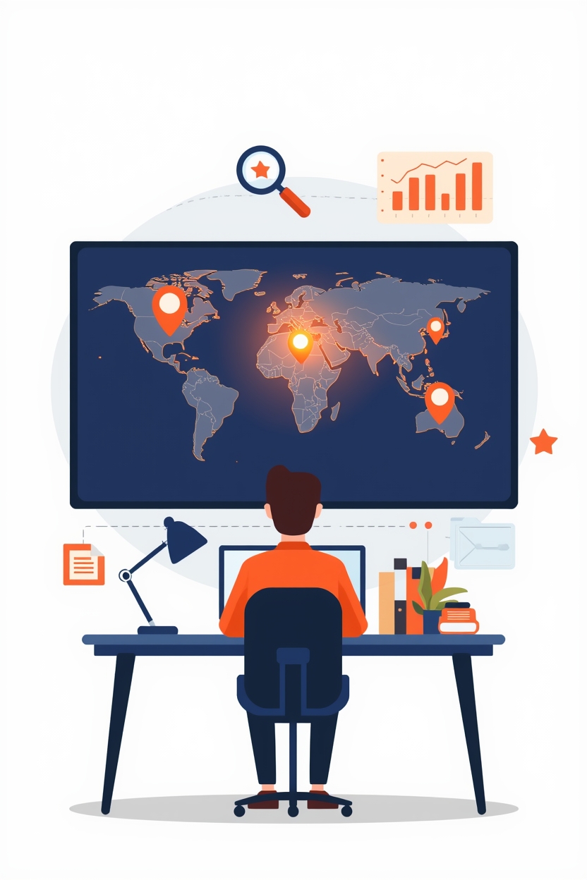 lucid origin modern flat illustration of a researcher at a desk with a large glowing world ma 0